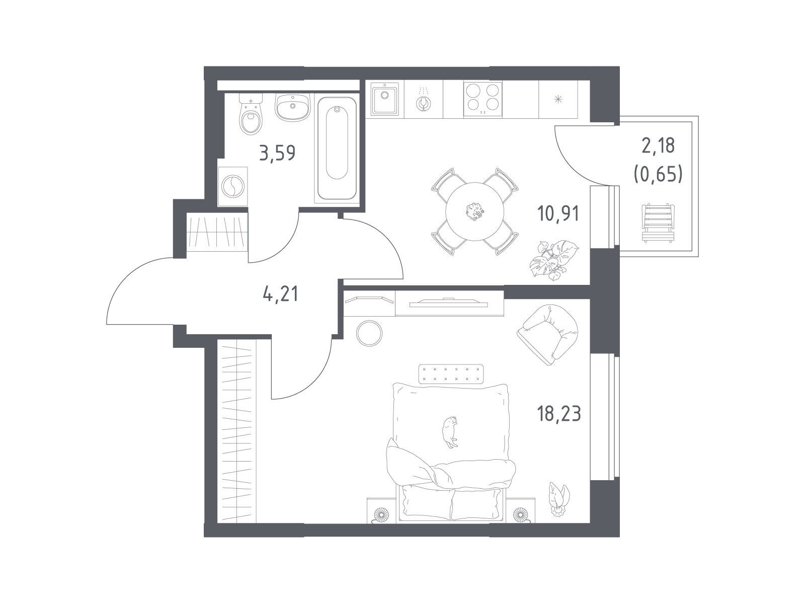 Планировка: 1-комн. квартира 37.59 м² в новостройке Большое Юрлово