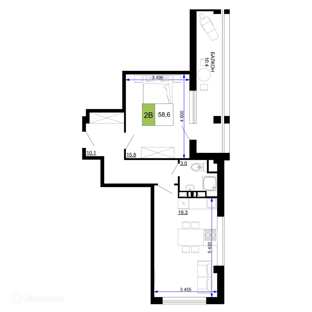 Планировка: 2-комн. квартира 58.60 м² в новостройке Мореград