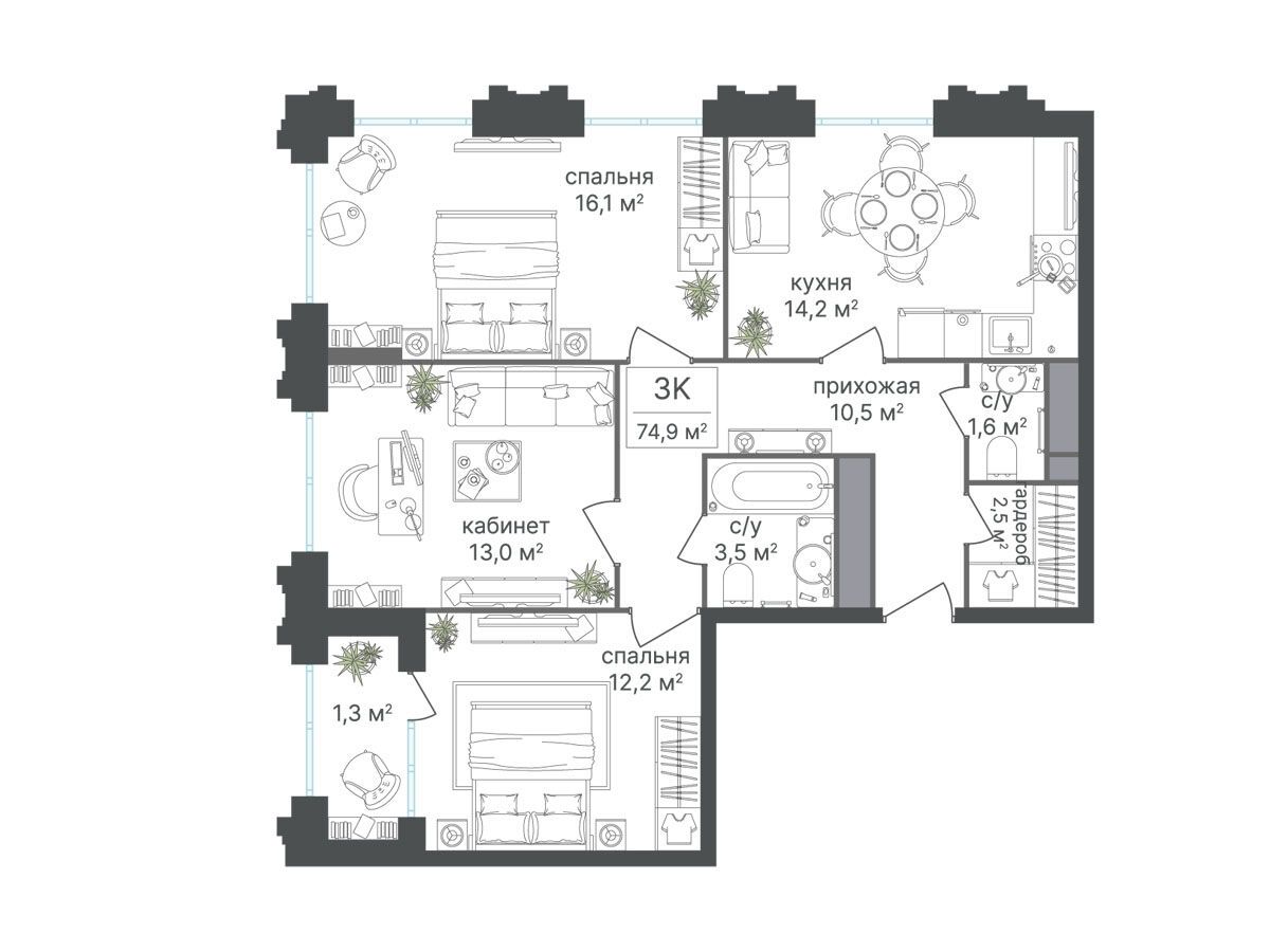 Планировка: 3-комн. квартира 74.60 м² в новостройке Варшавские ворота