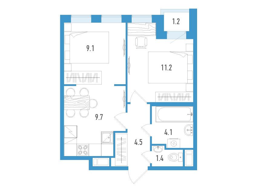 Планировка: 2-комн. квартира 40.60 м² в новостройке Аэросити Клаб