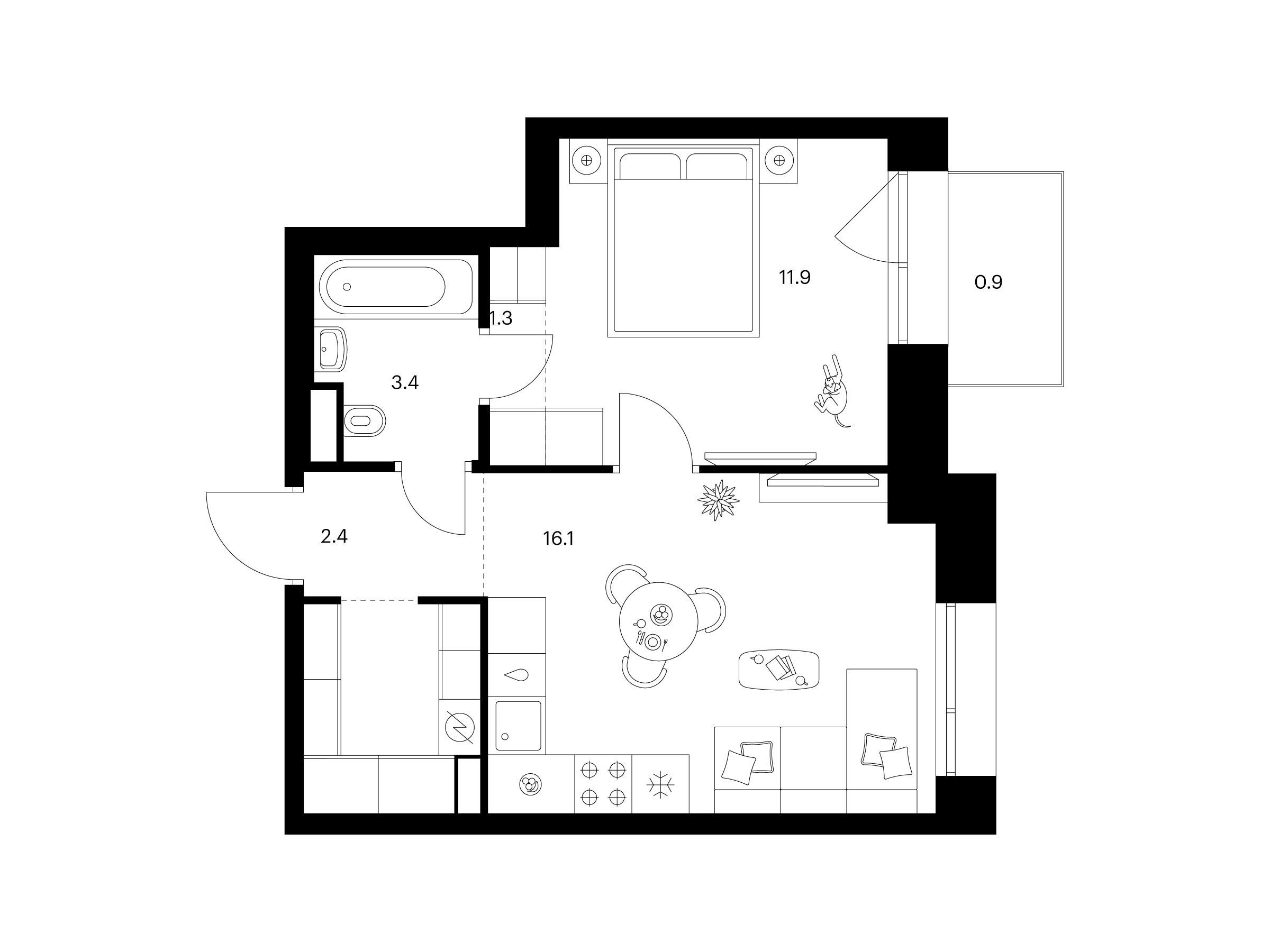 Планировка: 1-комн. квартира 39.80 м² в новостройке Онежский вал