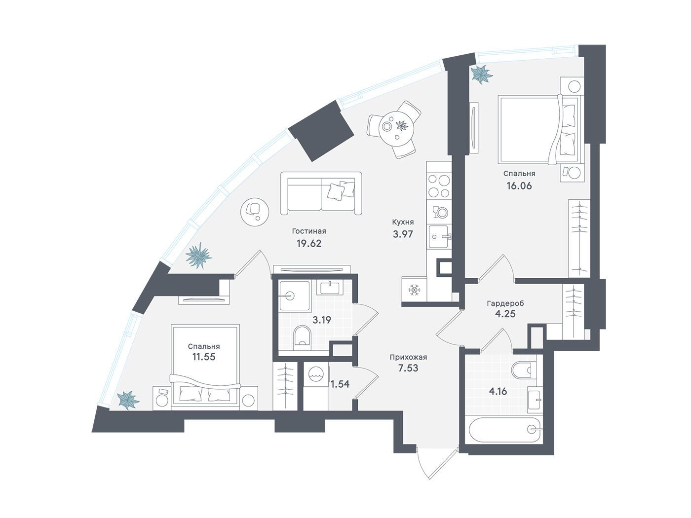Планировка: 2-комн. квартира 71.87 м² в новостройке Солос