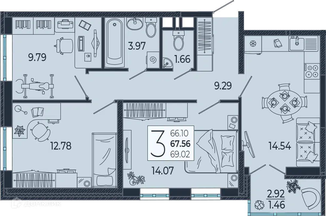 Планировка: 3-комн. квартира 67.56 м² в новостройке Эстет