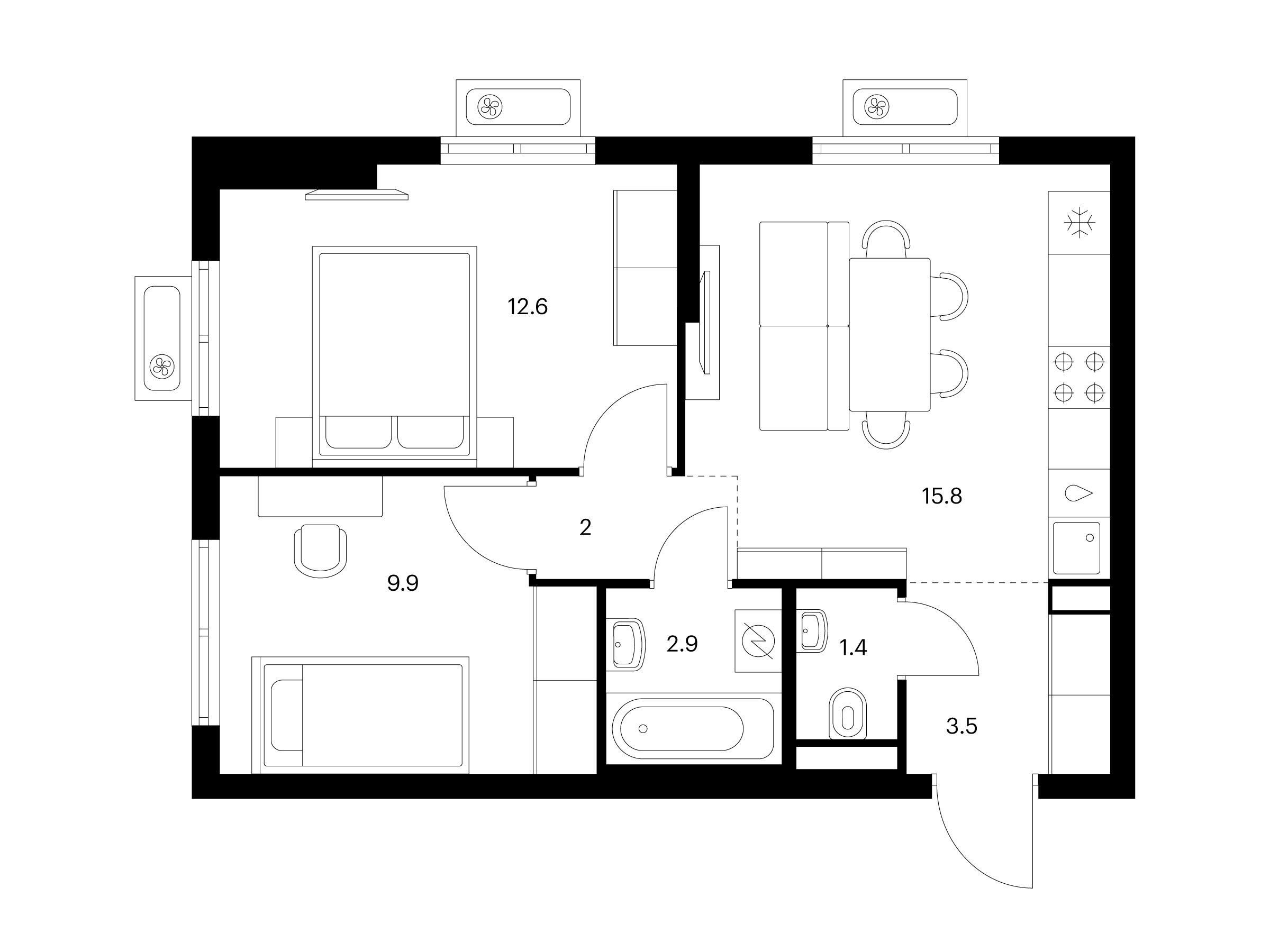 Планировка: 2-комн. квартира 48.10 м² в новостройке Восточное Бутово
