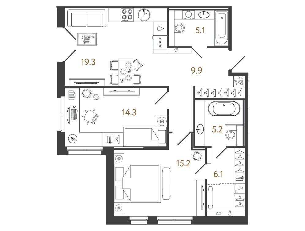 Планировка: 2-комн. квартира 75.10 м² в новостройке Репин