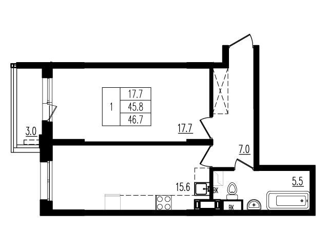 Планировка: 1-комн. квартира 46.60 м² в новостройке Пироговская ривьера