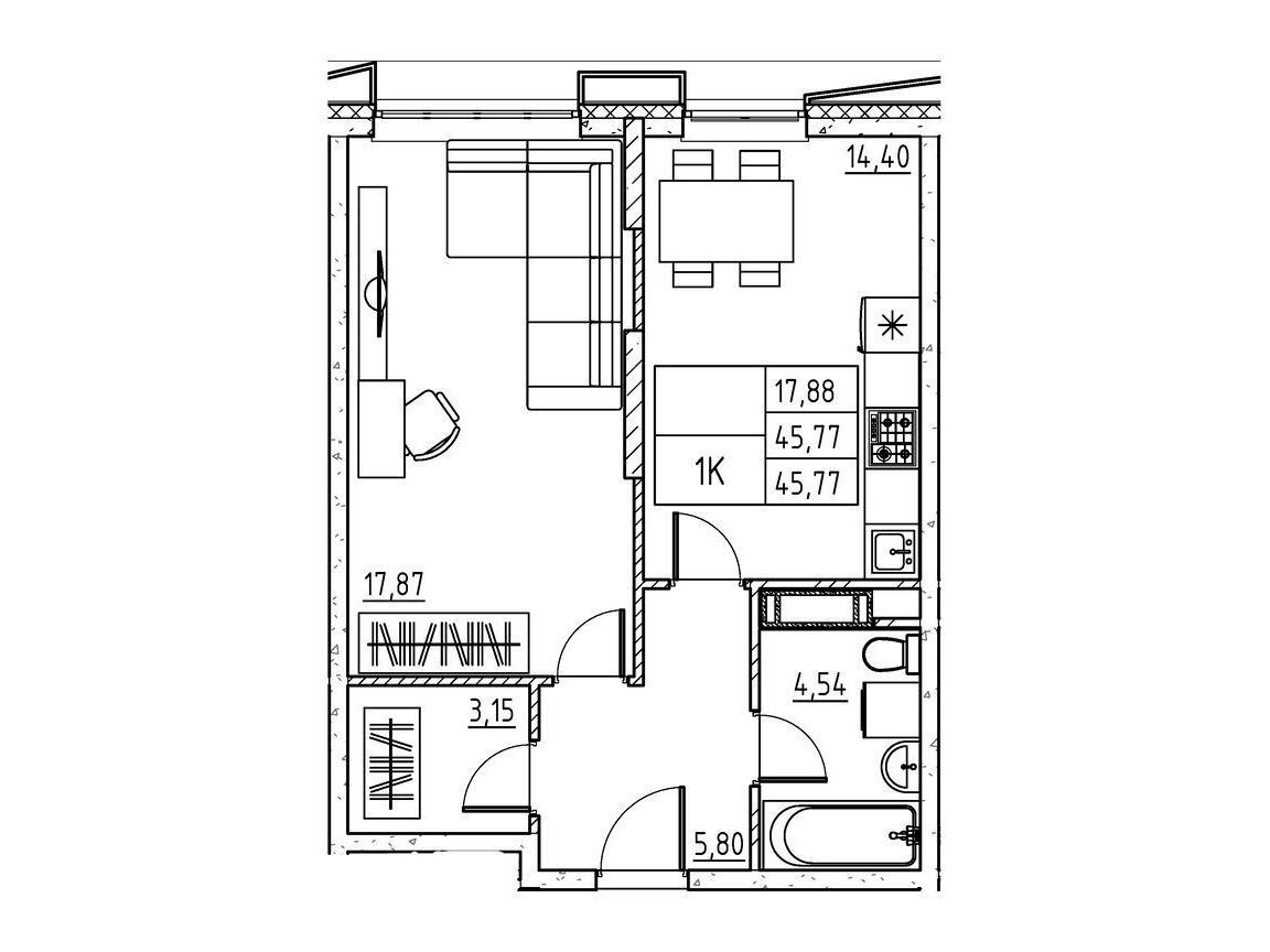 Планировка: 1-комн. квартира 45.77 м² в новостройке Бруно