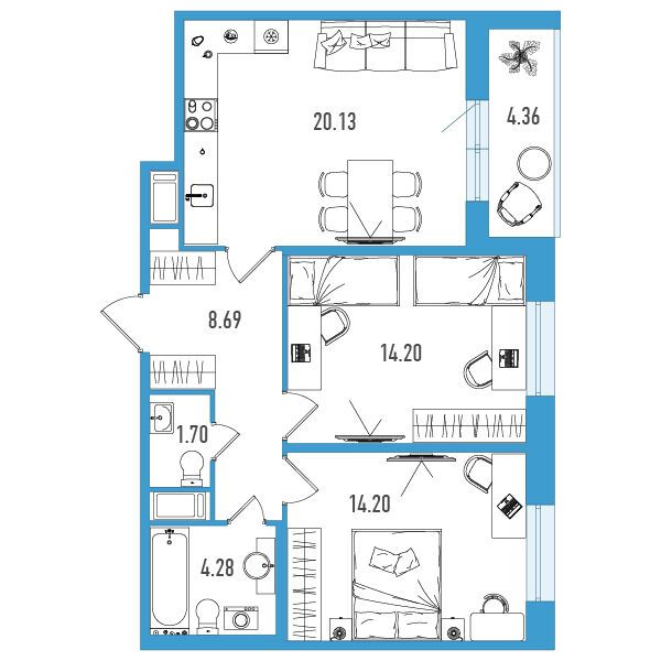 Планировка: 2-комн. квартира 65.38 м² в новостройке ЖК Искра Сити