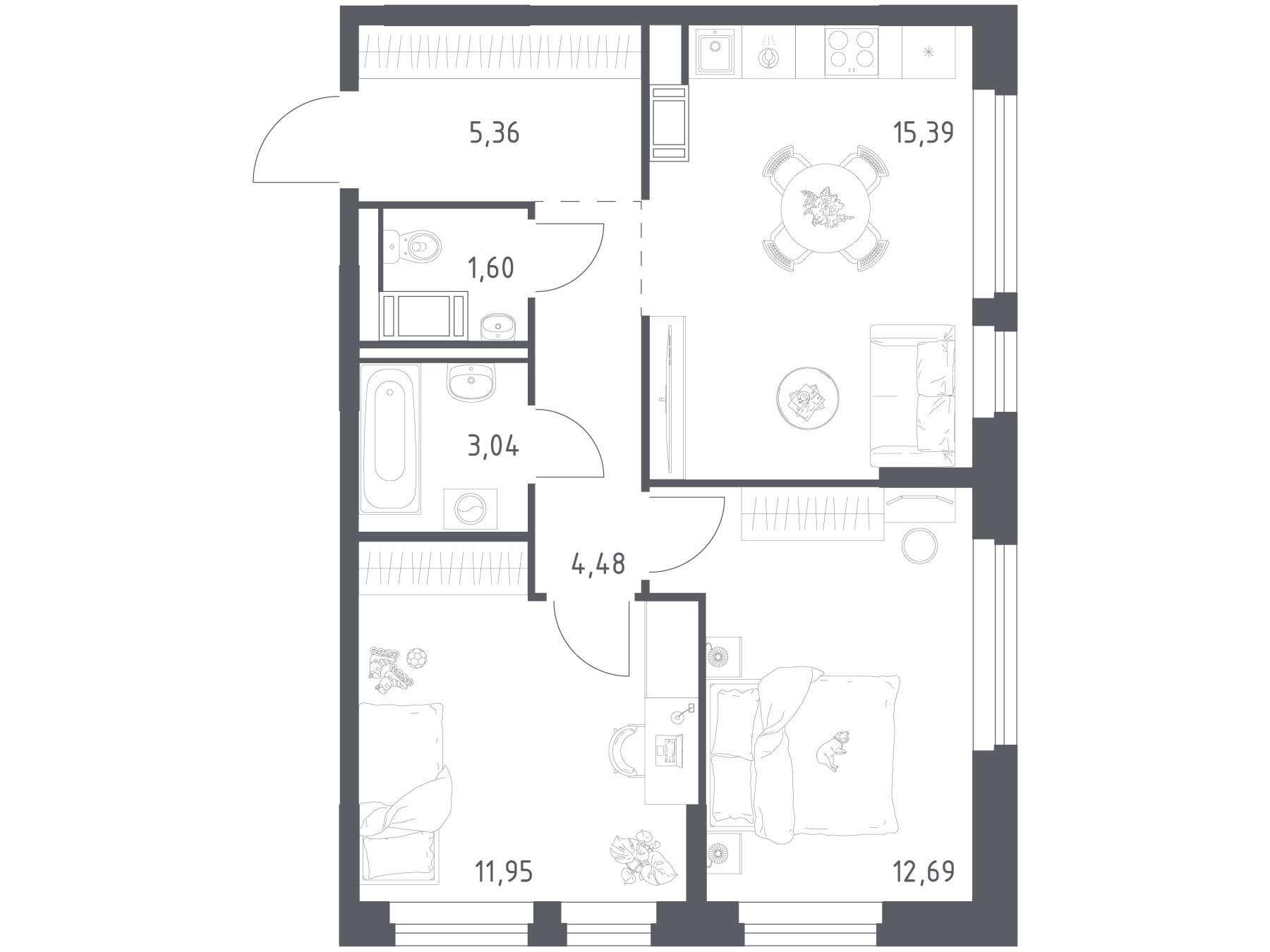 Планировка: 2-комн. квартира 54.51 м² в новостройке Новое Колпино