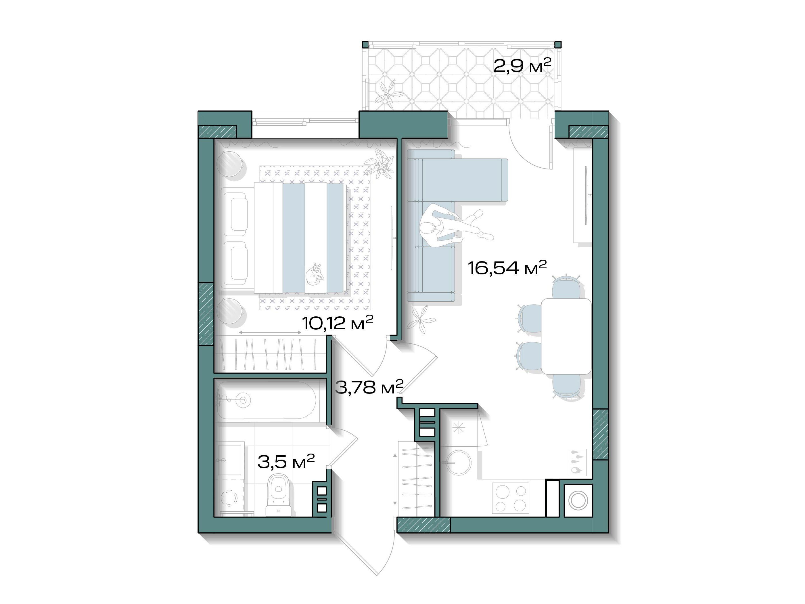 Планировка: 1-комн. квартира 34.74 м² в новостройке Аксиома. Возрождение