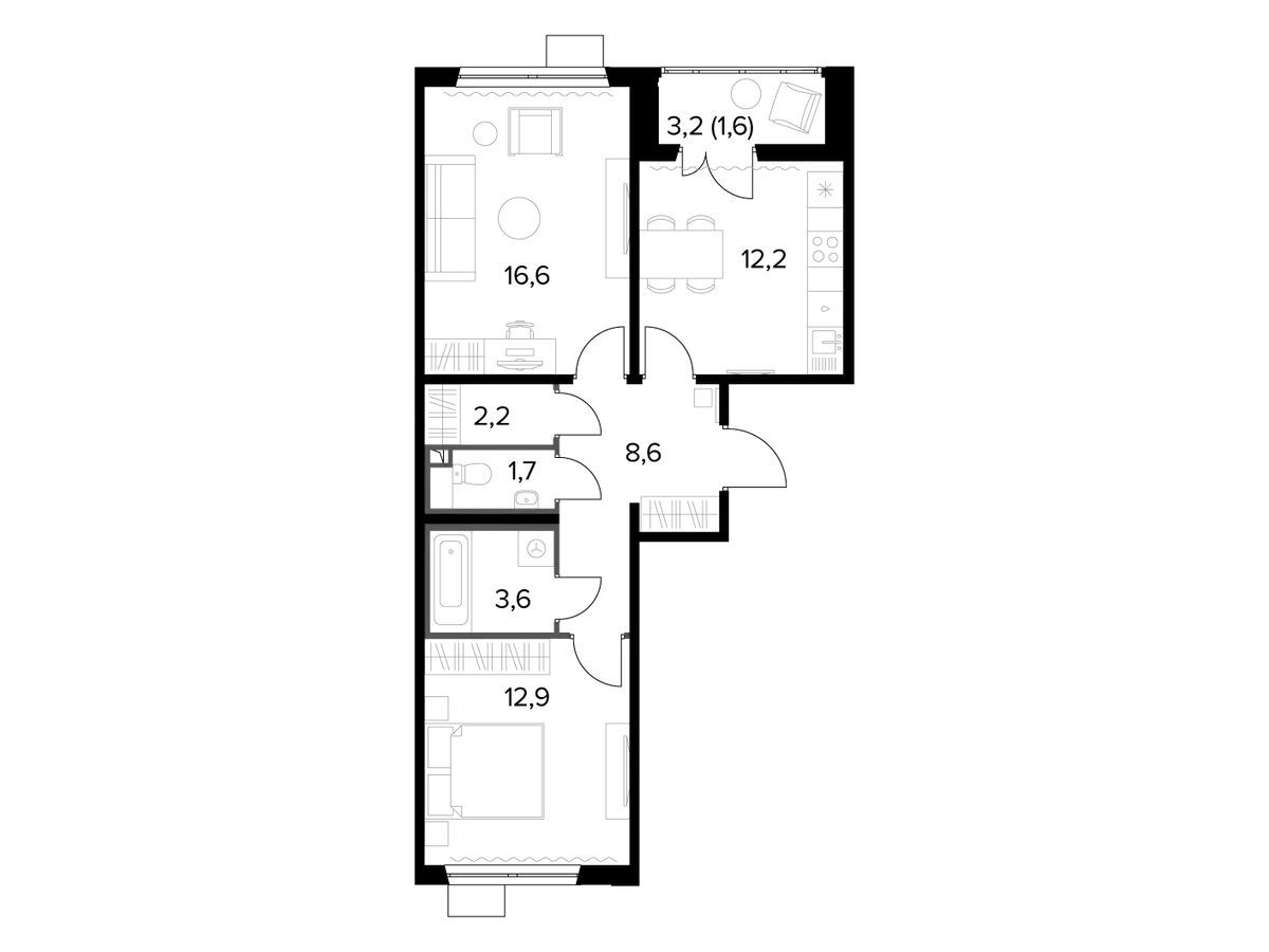 Планировка: 2-комн. квартира 59.40 м² в новостройке 1-й Ленинградский 