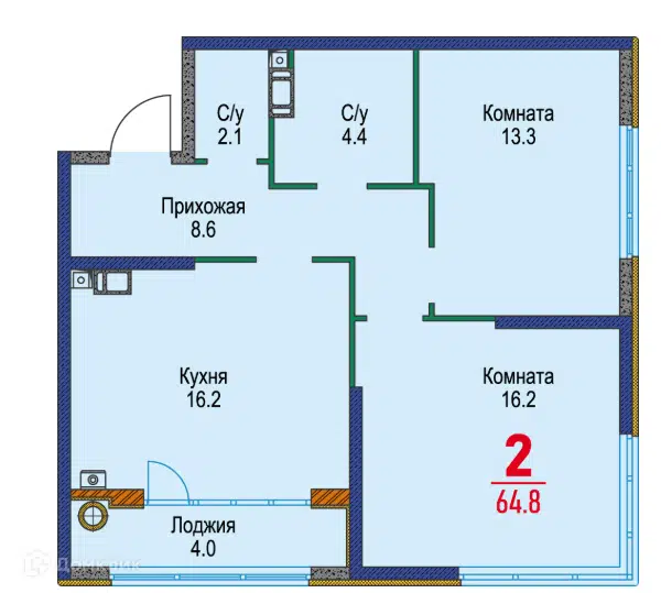 Планировка: 2-комн. квартира 76.70 м² в новостройке Красный Металлист