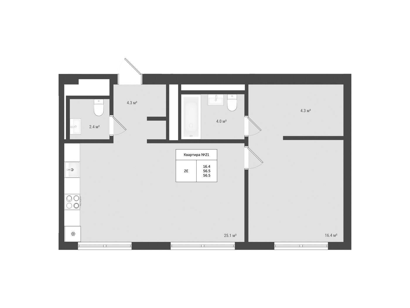 Планировка: 2-комн. квартира 56.50 м² в новостройке Яковлево