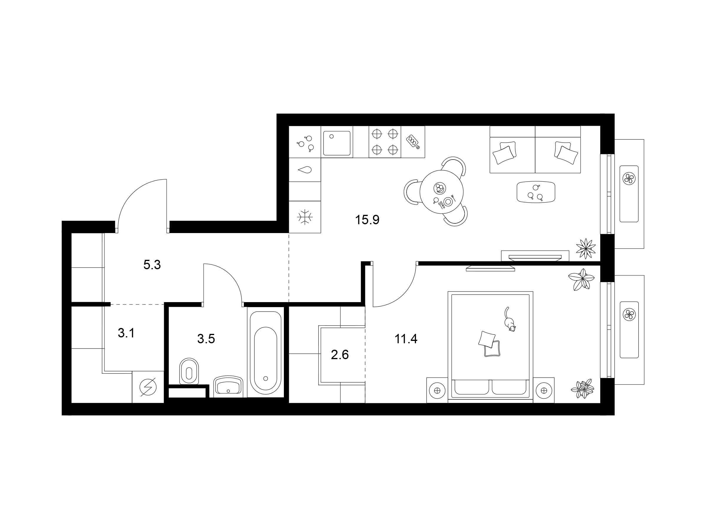 Планировка: 1-комн. квартира 41.80 м² в новостройке Ярославский