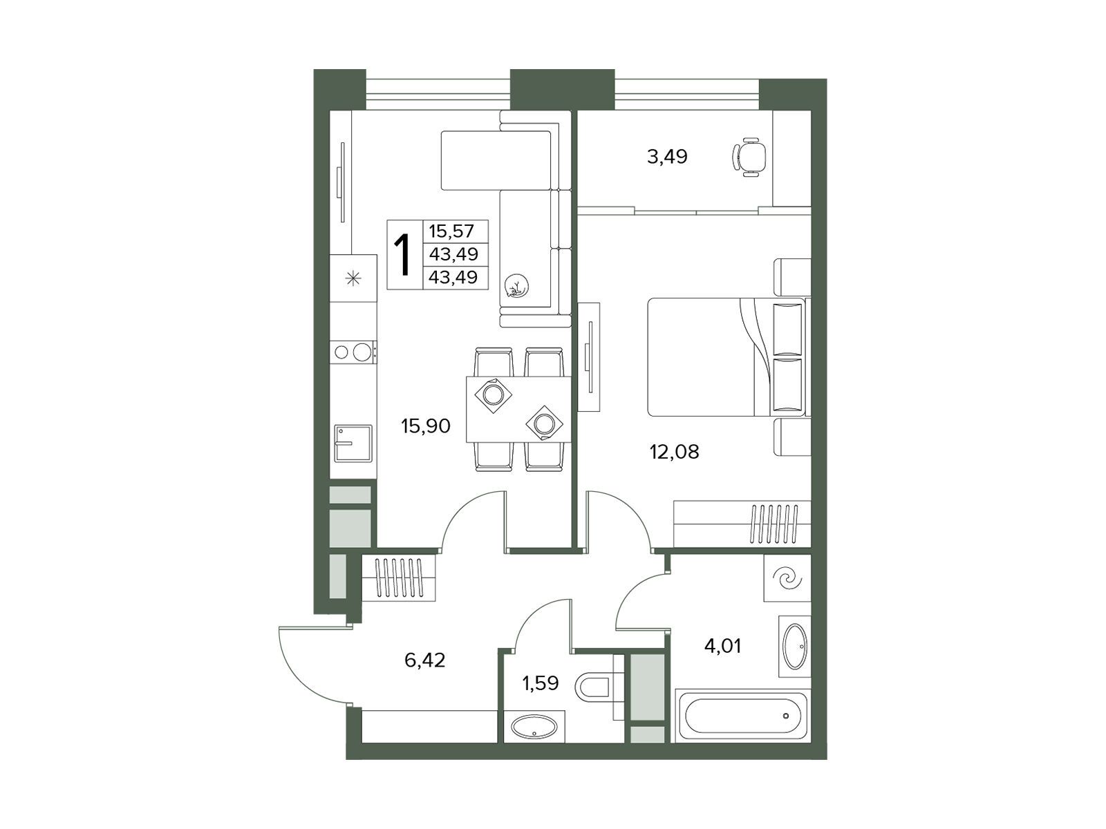Планировка: 1-комн. квартира 43.49 м² в новостройке Городской бор