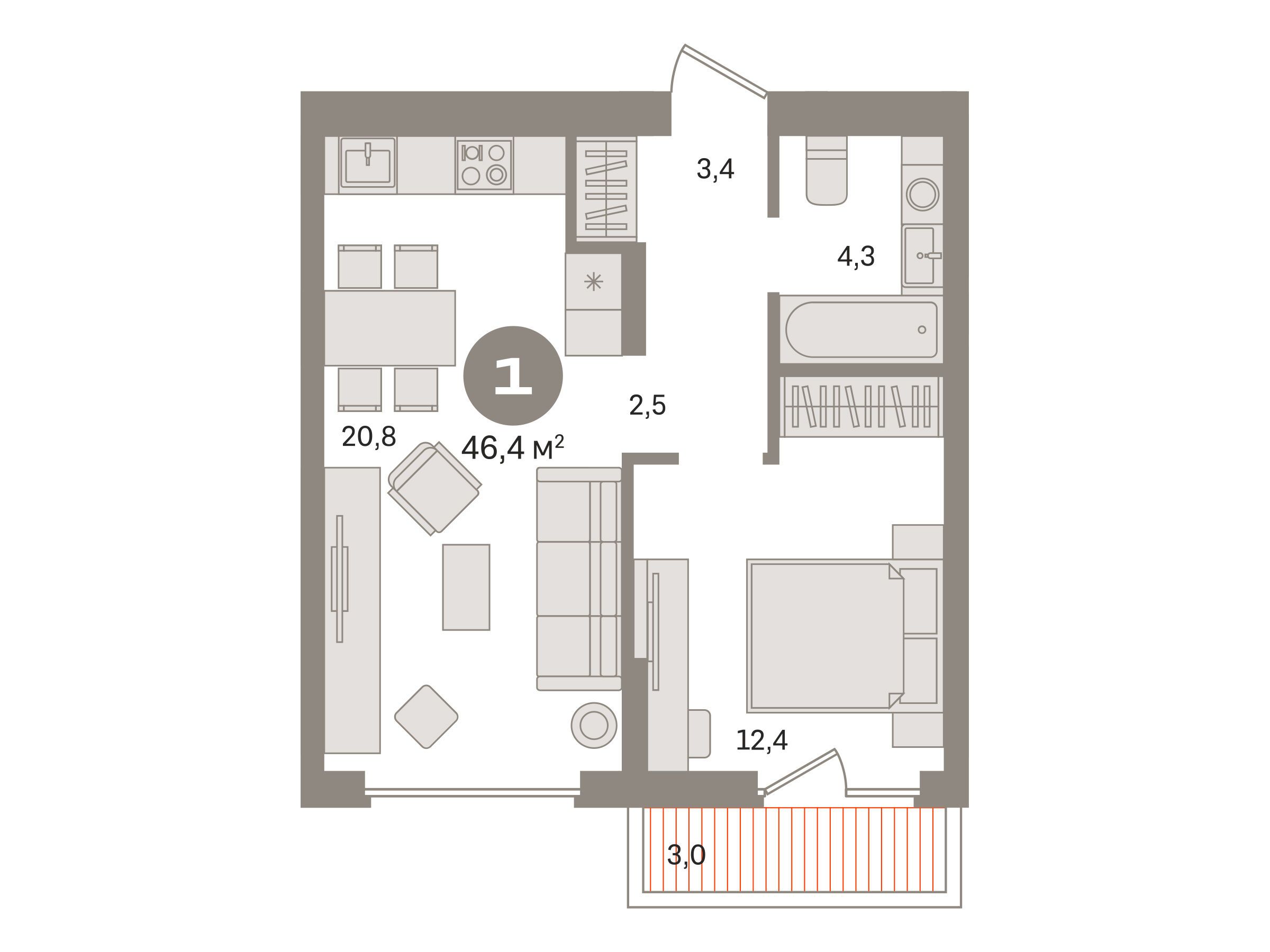 Планировка: 1-комн. квартира 46.40 м² в новостройке Первый квартал