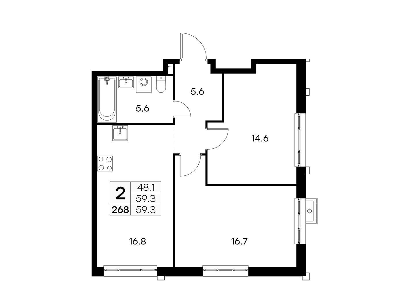 Планировка: 2-комн. квартира 59.10 м² в новостройке Куркино