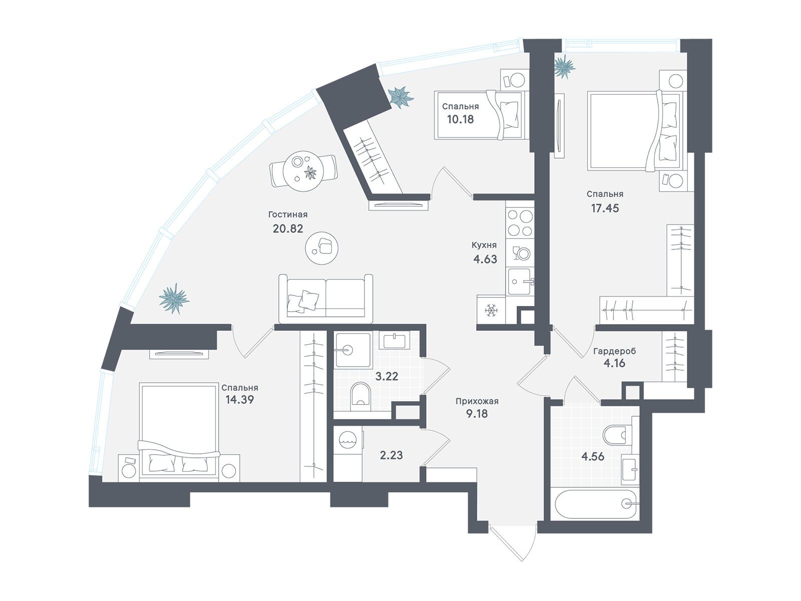 Планировка: 3-комн. квартира 90.82 м² в новостройке Солос
