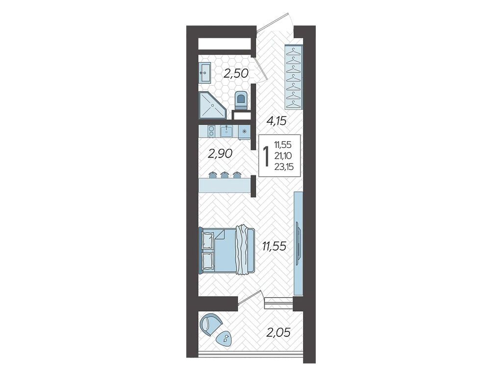 Планировка: Студия 23.80 м² в новостройке Кислород