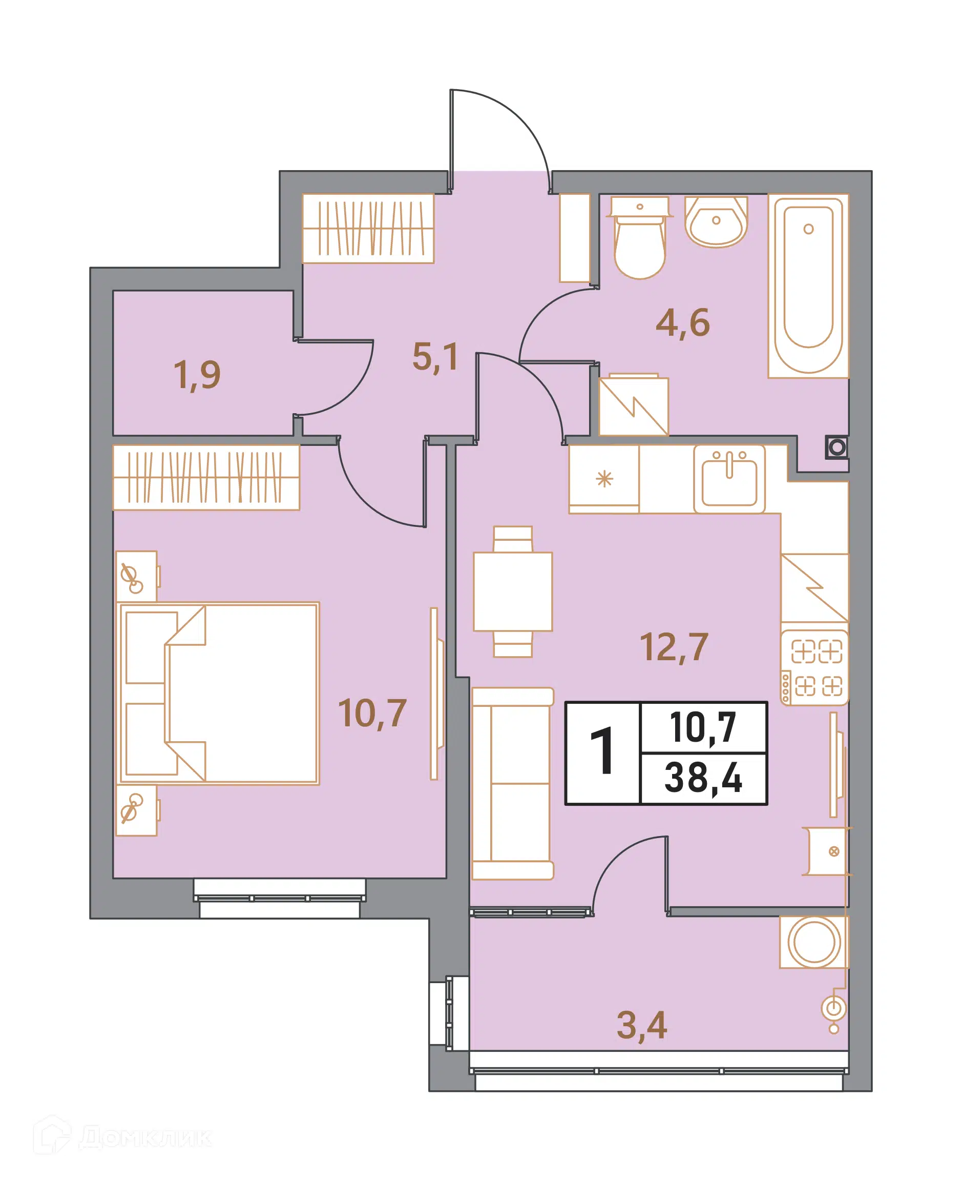 Планировка: 1-комн. квартира 38.40 м² в новостройке Фруктовый сад