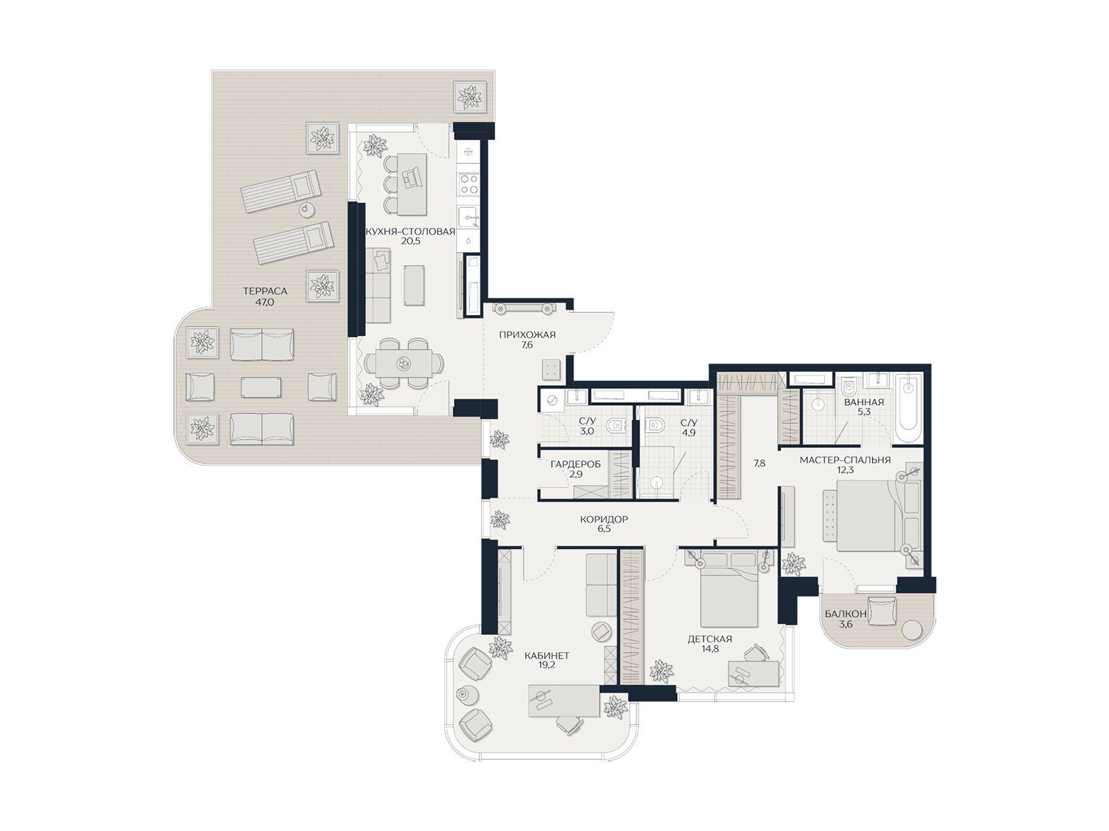 Планировка: 3-комн. квартира 148.10 м² в новостройке Кутузов Сити