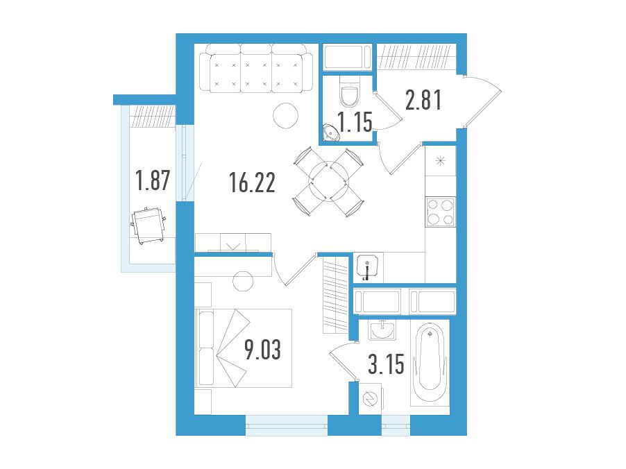 Планировка: 1-комн. квартира 32.92 м² в новостройке Южный форт