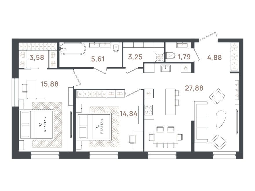 Планировка: 2-комн. квартира 82.85 м² в новостройке VI Квартал
