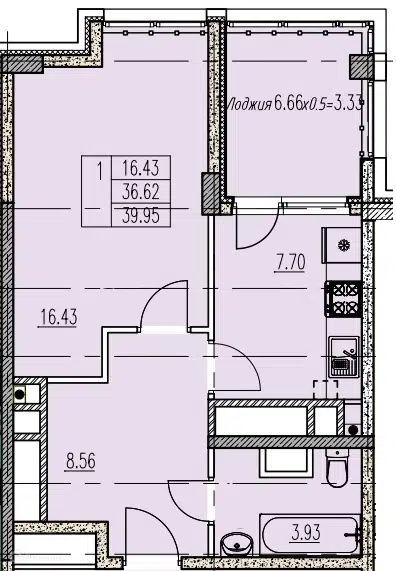 Планировка: 1-комн. квартира 39.95 м² в новостройке Агой-парк