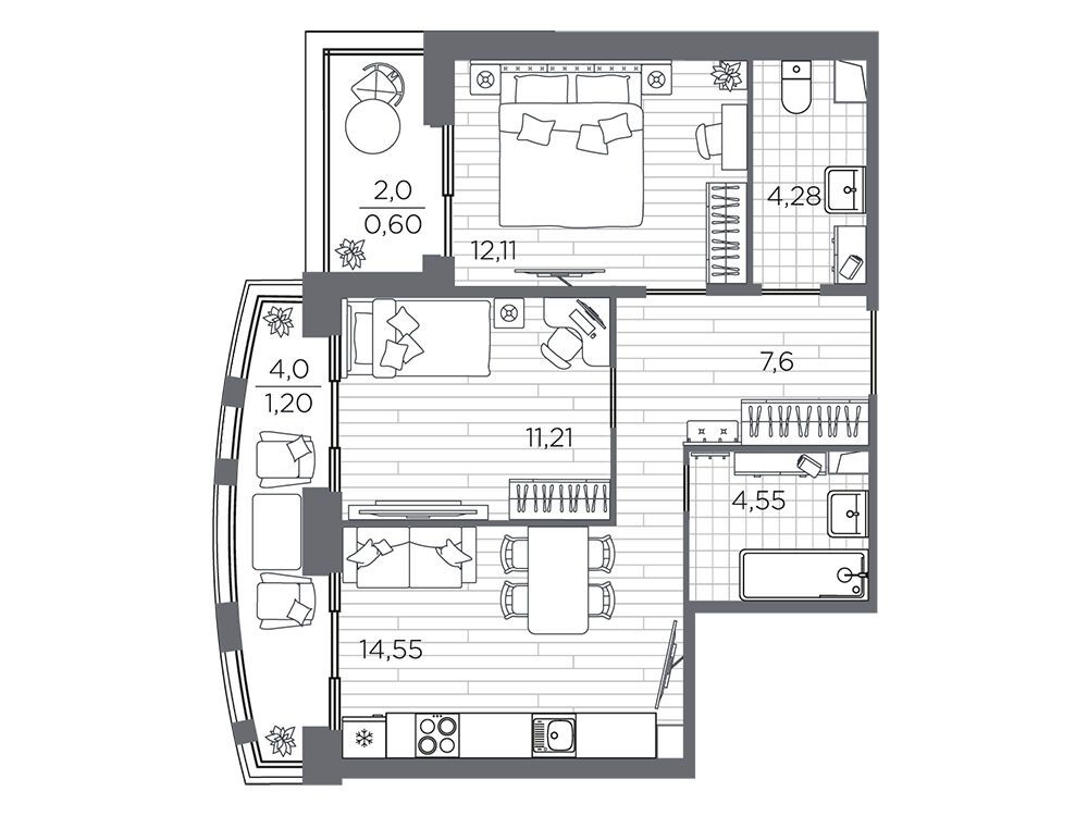 Планировка: 2-комн. квартира 56.10 м² в новостройке Респект