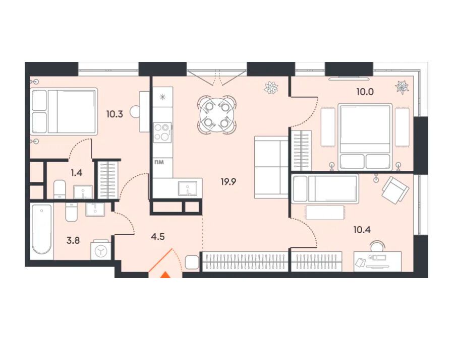 Планировка: 3-комн. квартира 60.30 м² в новостройке Баланс