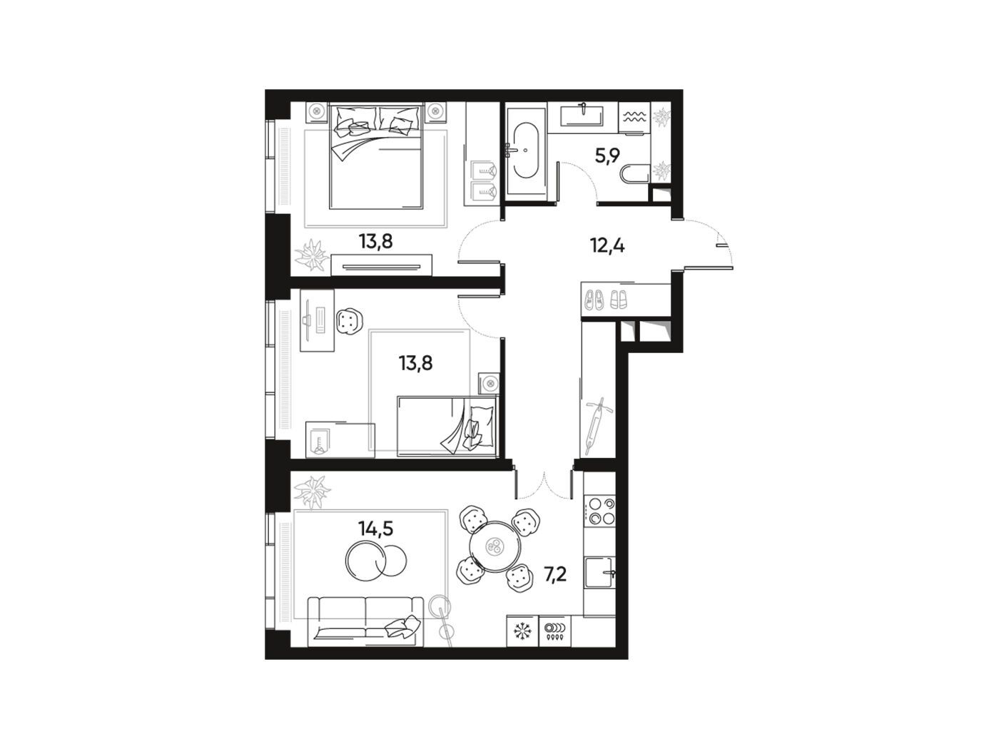 Планировка: 3-комн. квартира 67.70 м² в новостройке ЖК Прайд