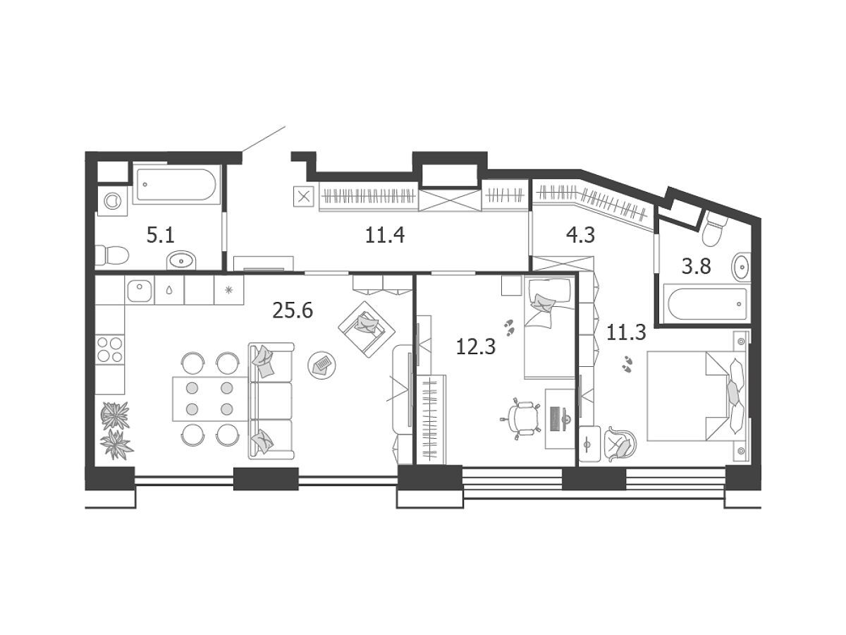 Планировка: 2-комн. квартира 73.90 м² в новостройке ЖК Воксхолл