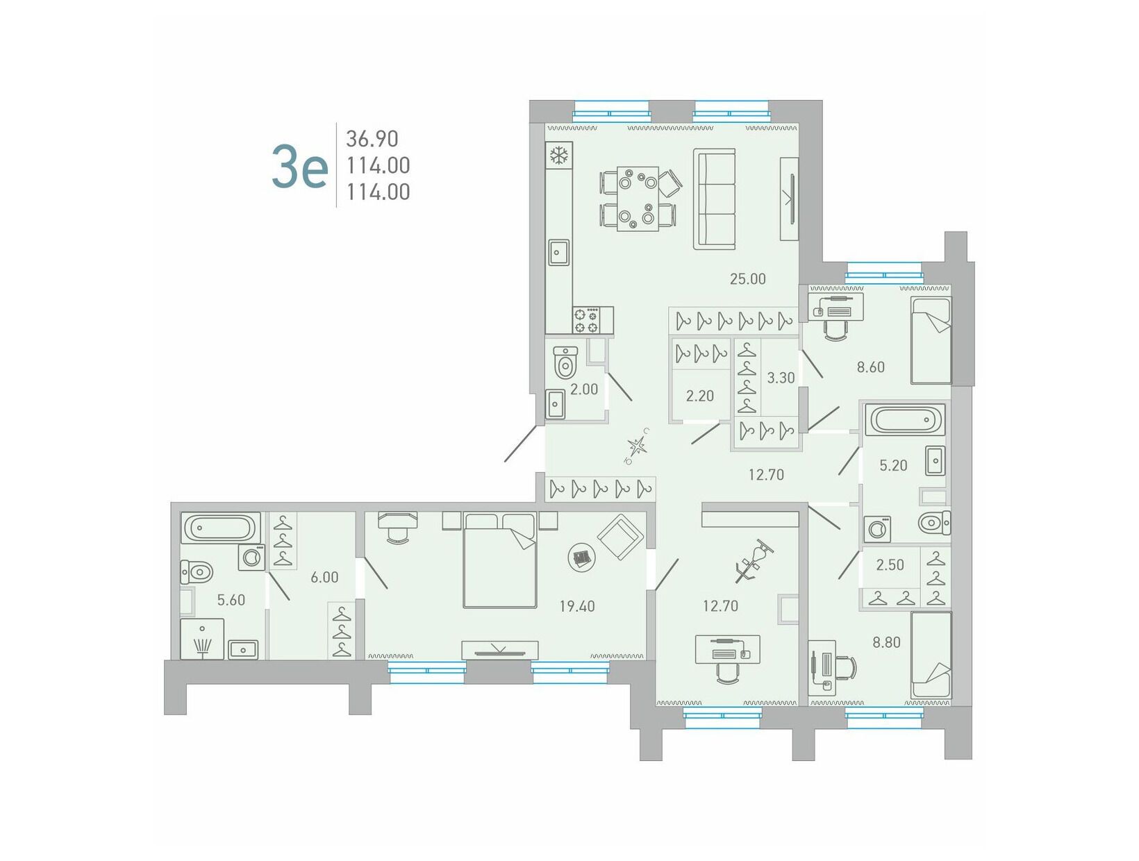 Планировка: 3-комн. квартира 111.70 м² в новостройке Лово
