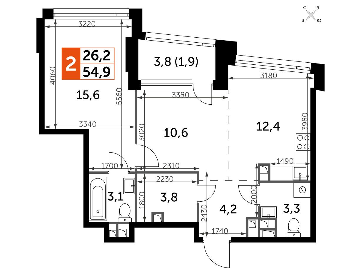 Планировка: 2-комн. квартира 54.90 м² в новостройке Роттердам
