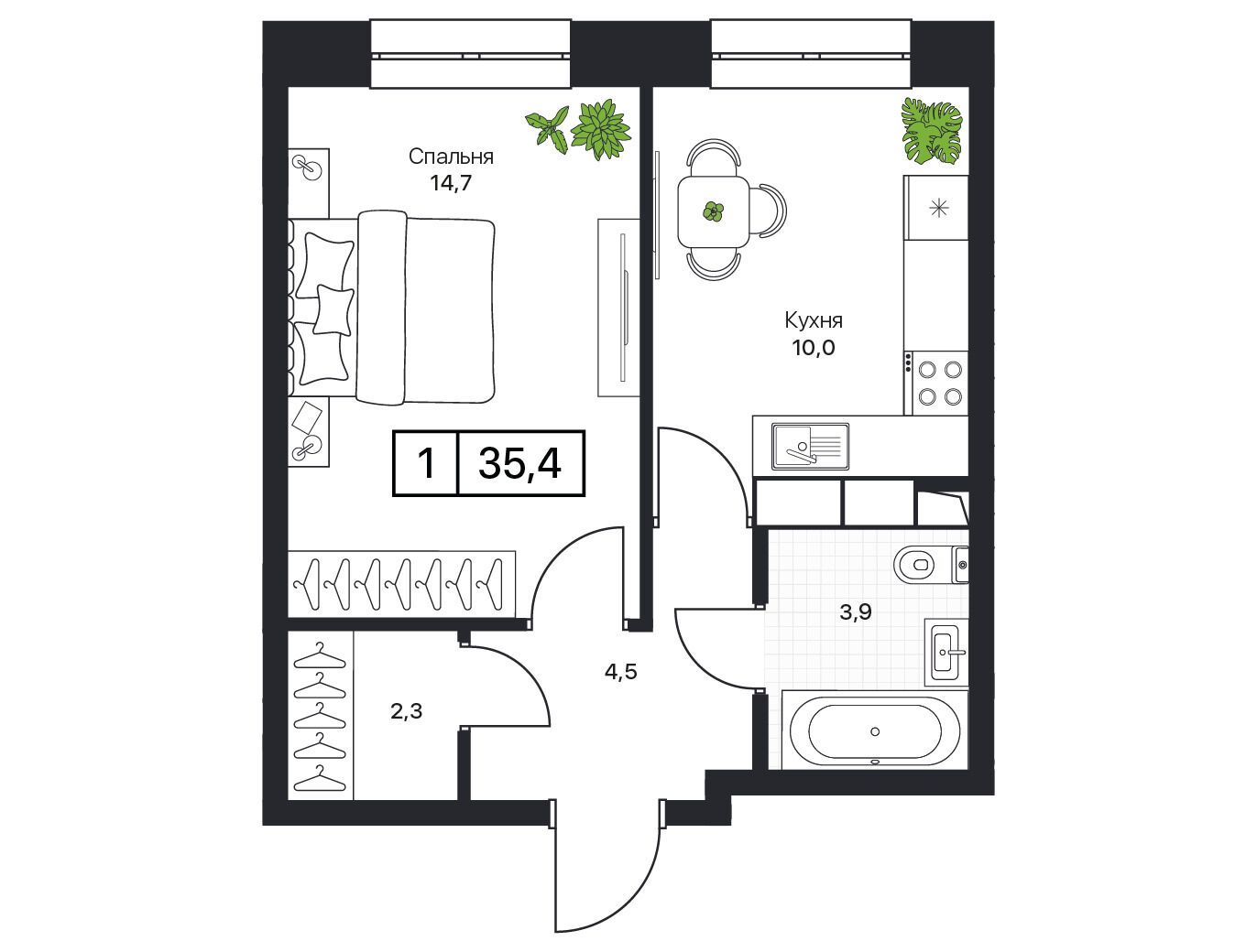 Планировка: 1-комн. квартира 35.40 м² в новостройке Пушкино Град