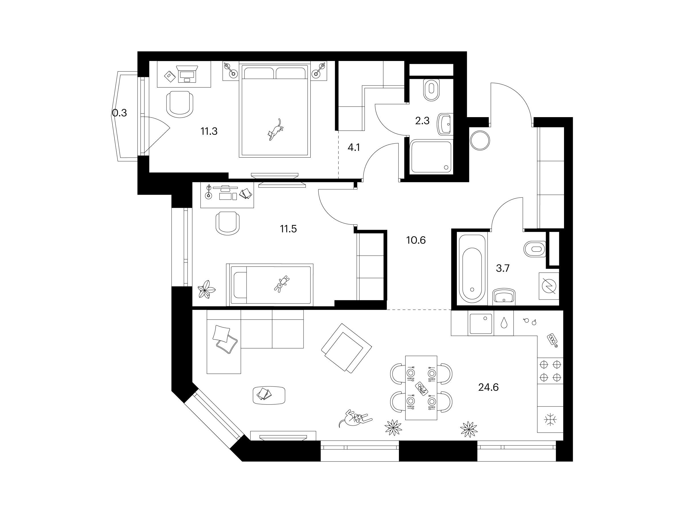 Планировка: 2-комн. квартира 68.40 м² в новостройке Руставели 14