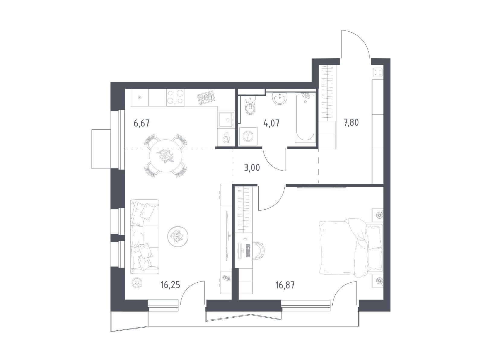 Планировка: 1-комн. квартира 54.00 м² в новостройке ЖК Квартал Авиаторов