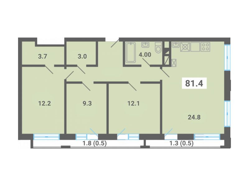 Планировка: 3-комн. квартира 81.40 м² в новостройке Южная долина