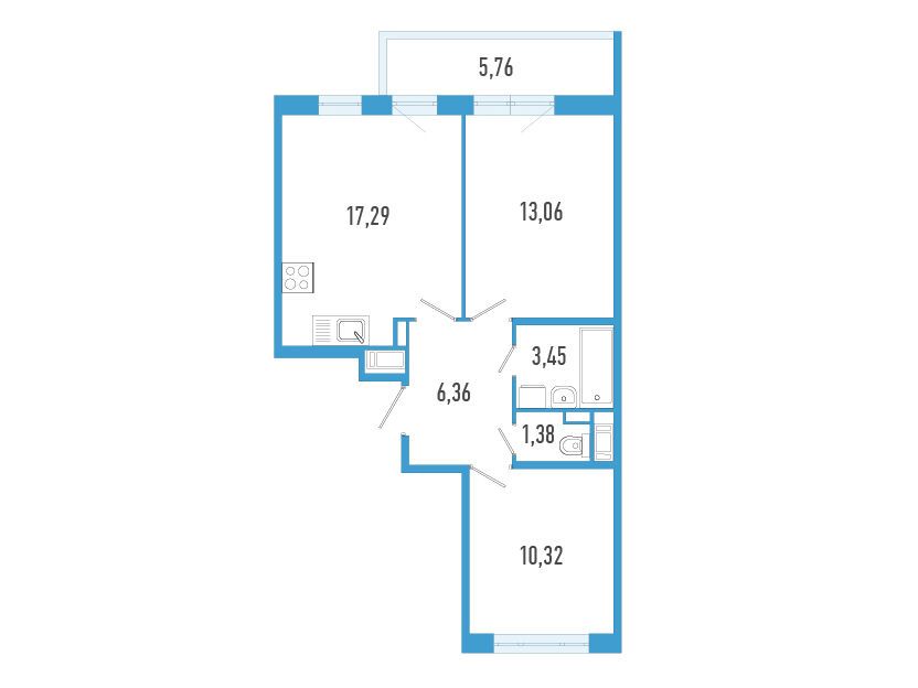 Планировка: 2-комн. квартира 53.59 м² в новостройке Аэросити