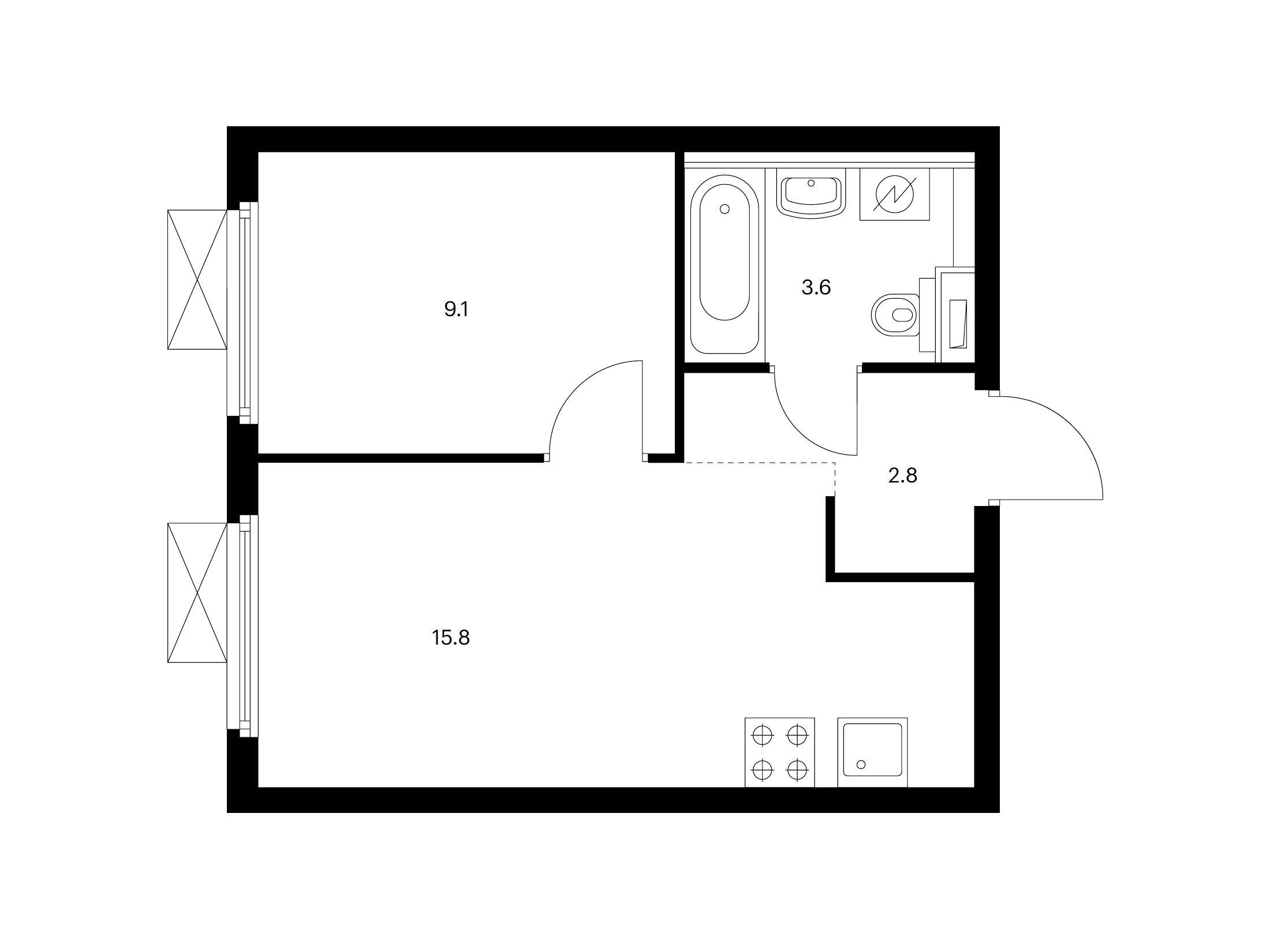 Планировка: 1-комн. квартира 31.30 м² в новостройке Первый Дубровский