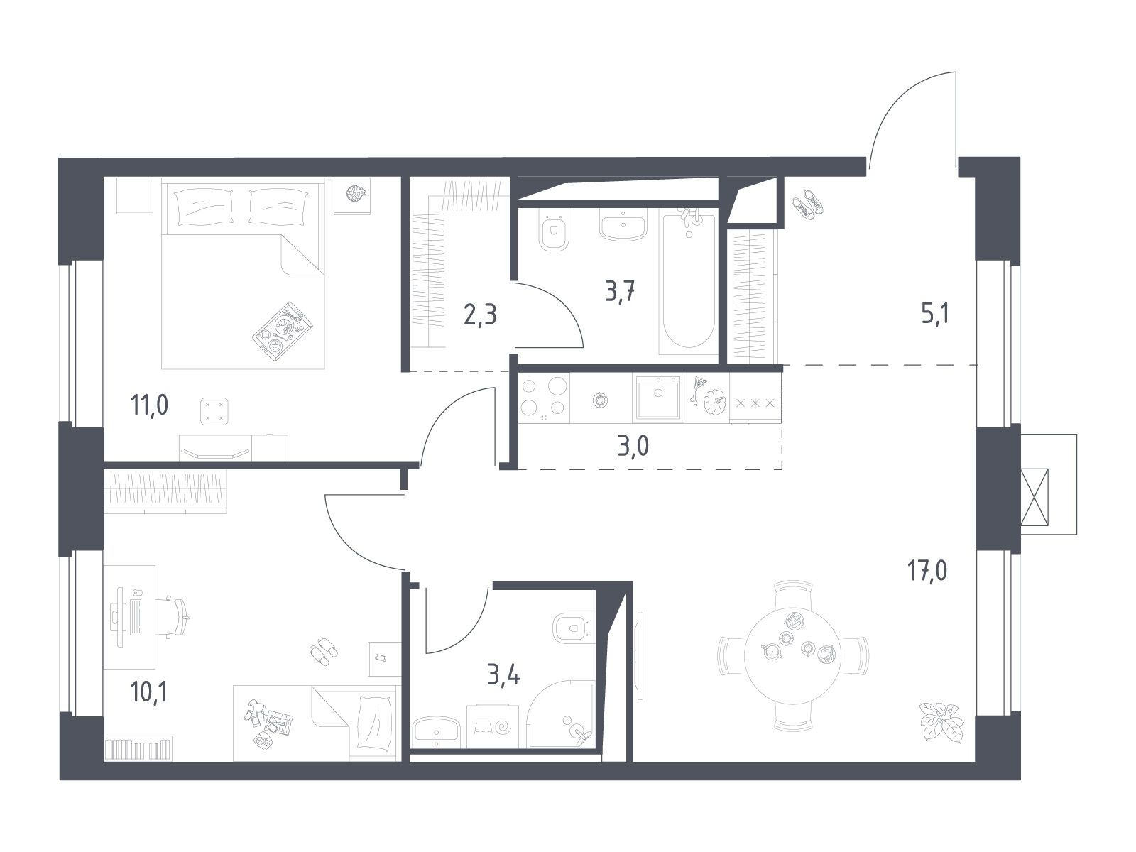 Планировка: 2-комн. квартира 55.62 м² в новостройке Верейская 41