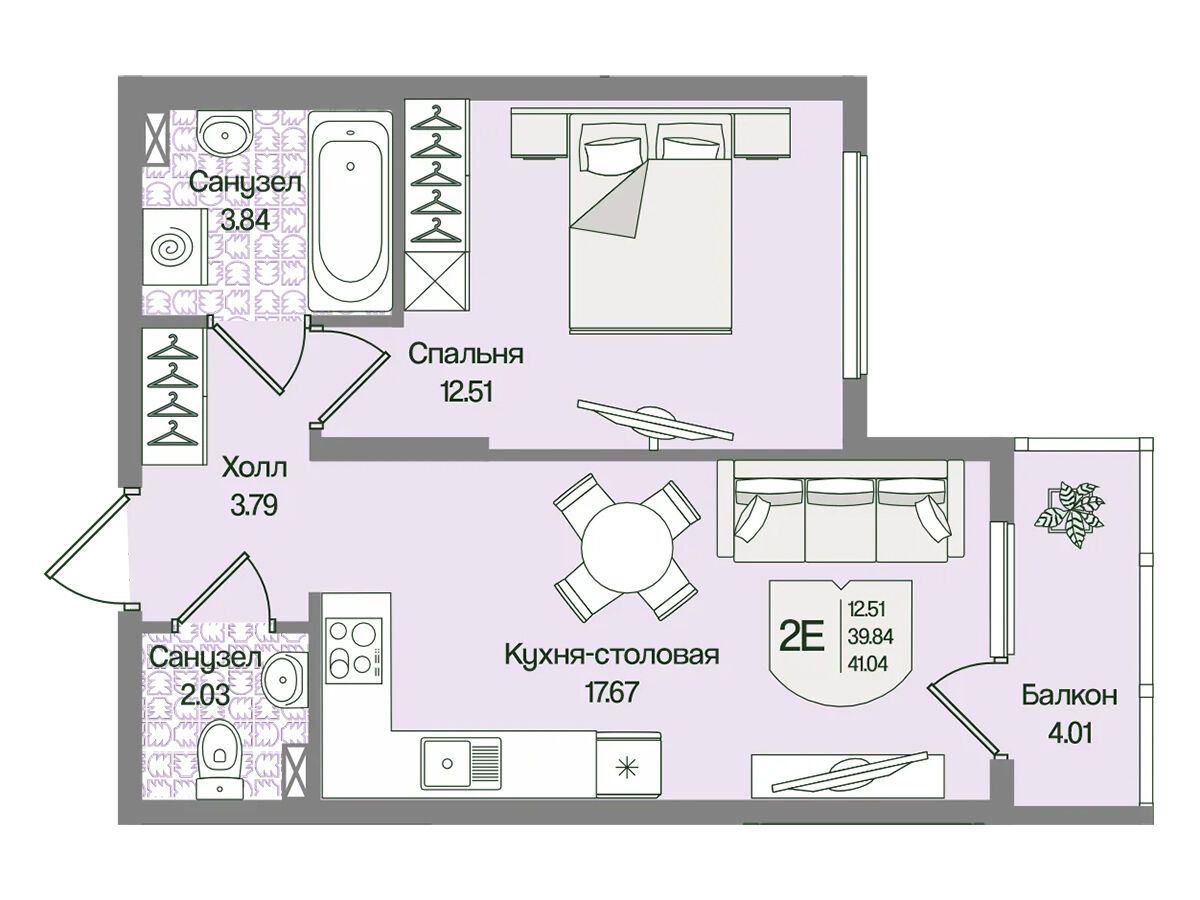 Планировка: 1-комн. квартира 41.04 м² в новостройке Охтинские высоты