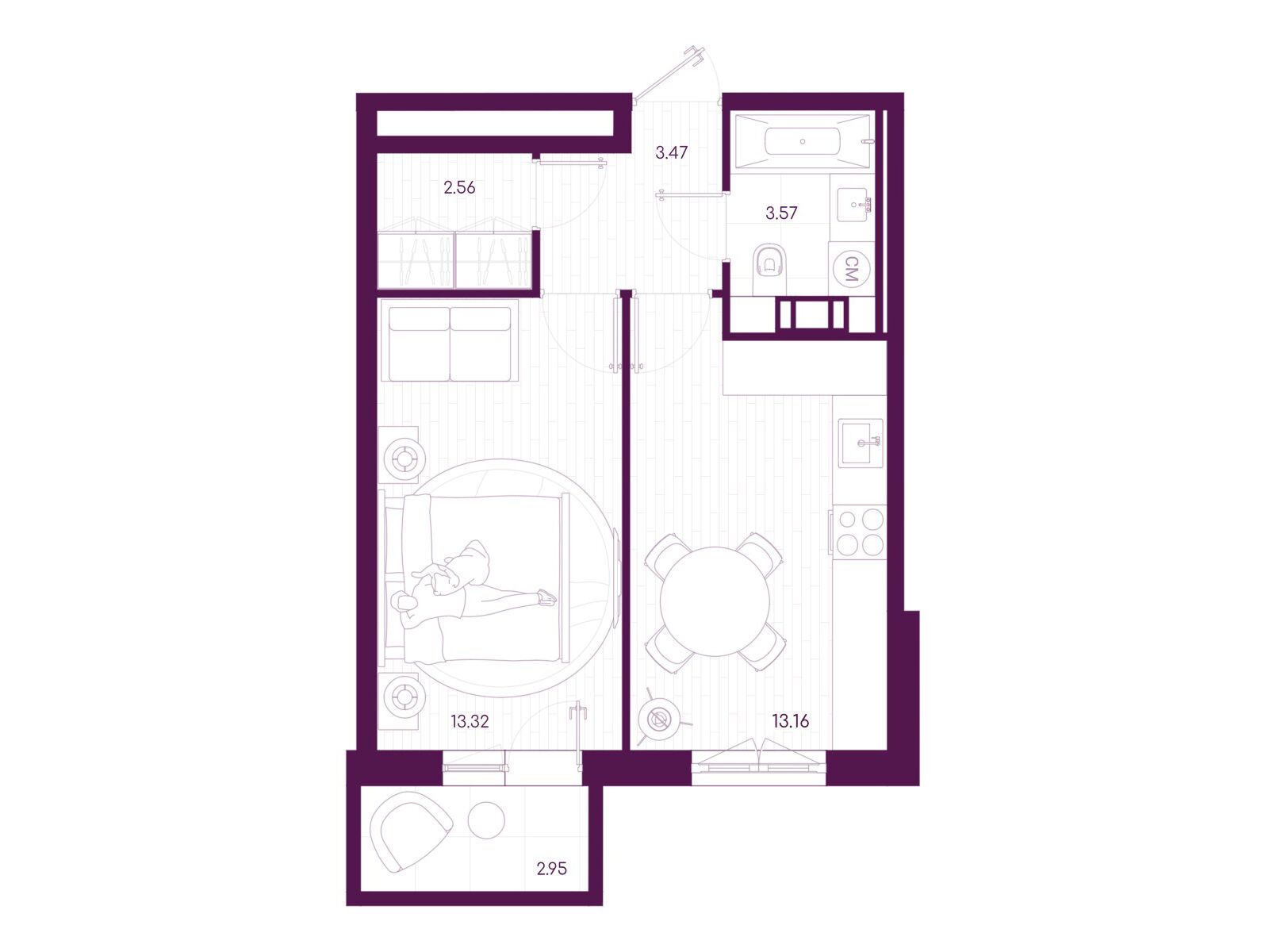 Планировка: 1-комн. квартира 36.98 м² в новостройке Дубровка.Парк