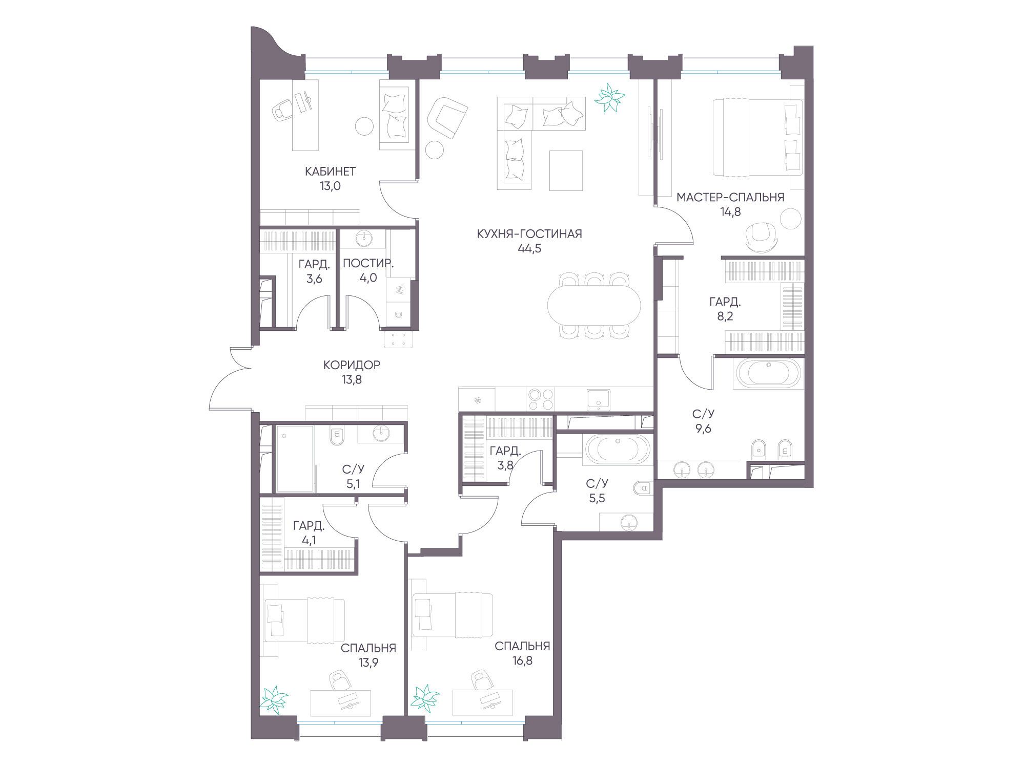 Планировка: 4-комн. квартира 168.30 м² в новостройке Дом XXII