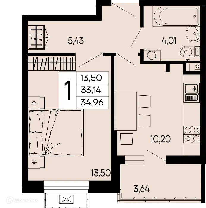 Планировка: 1-комн. квартира 34.96 м² в новостройке ЖК Эпос