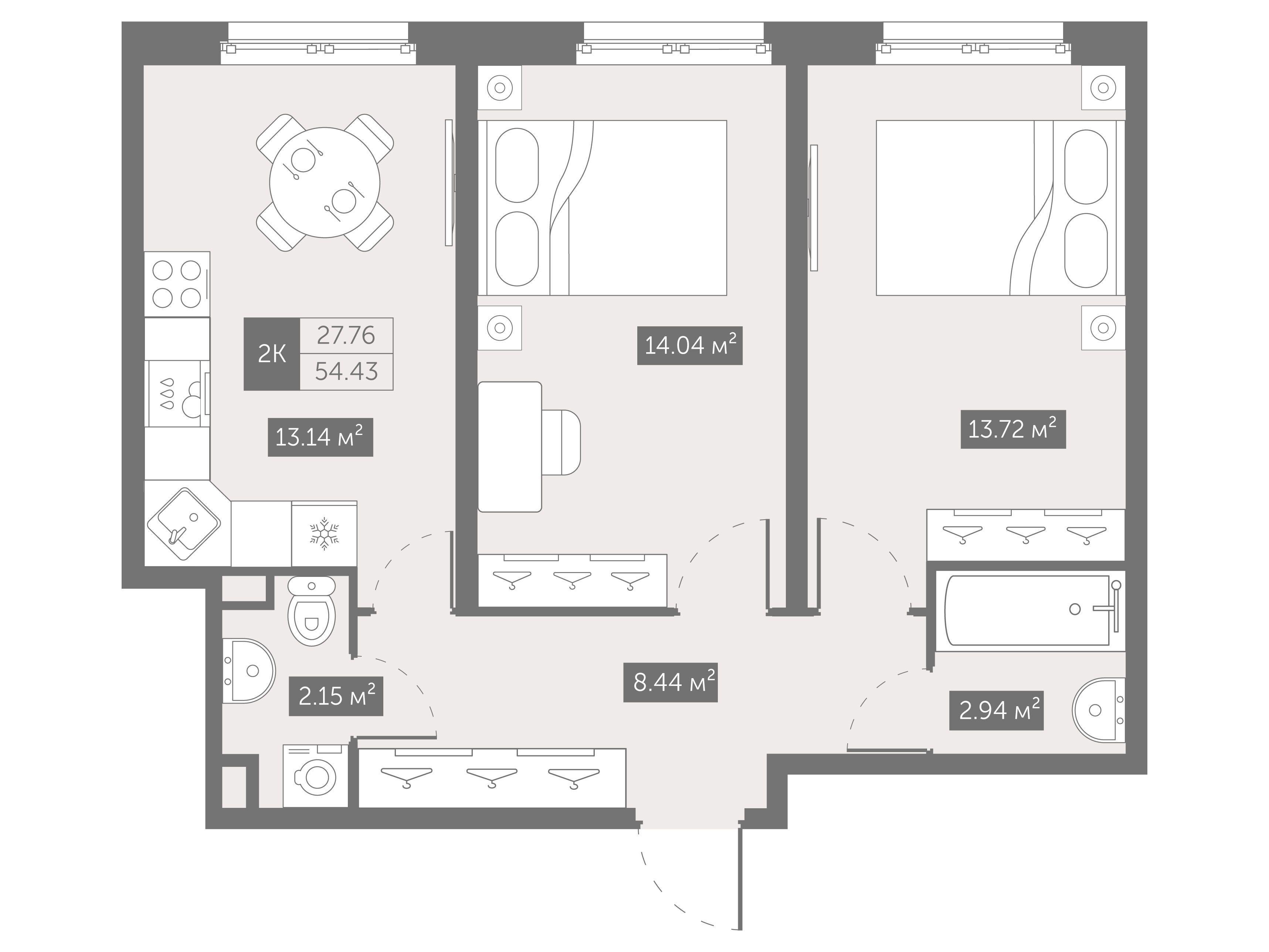 Планировка: 2-комн. квартира 54.43 м² в новостройке Зум на Неве