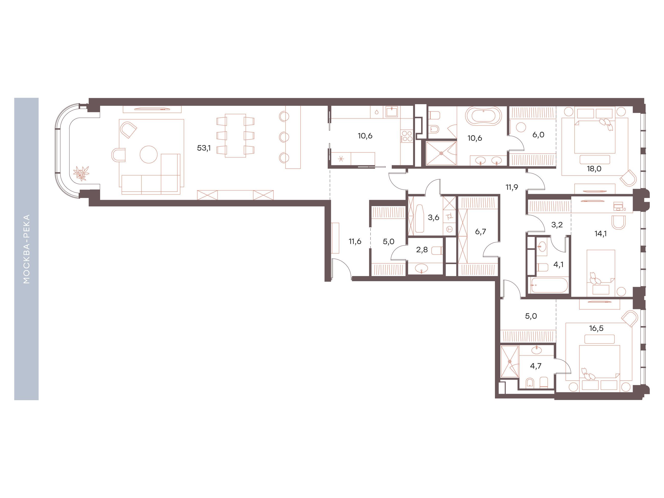 Планировка: 4-комн. квартира 187.50 м² в новостройке Саввинская 27