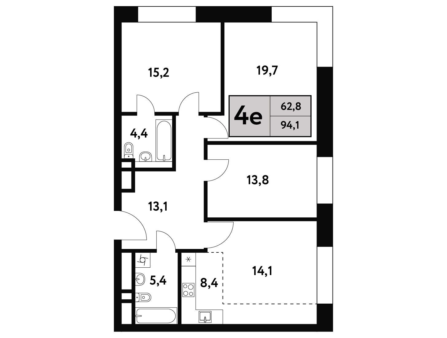 Планировка: 4-комн. квартира 94.10 м² в новостройке Фестиваль Парк-2