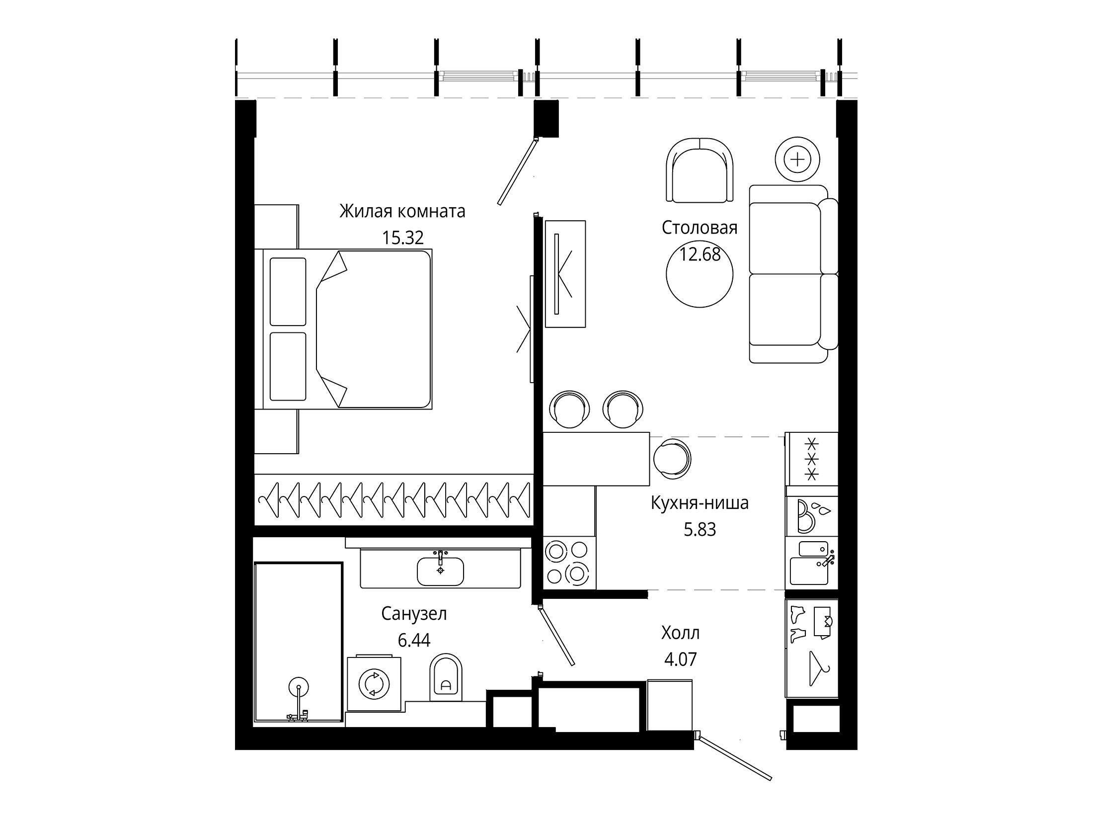 Планировка: 1-комн. квартира 44.10 м² в новостройке Мод