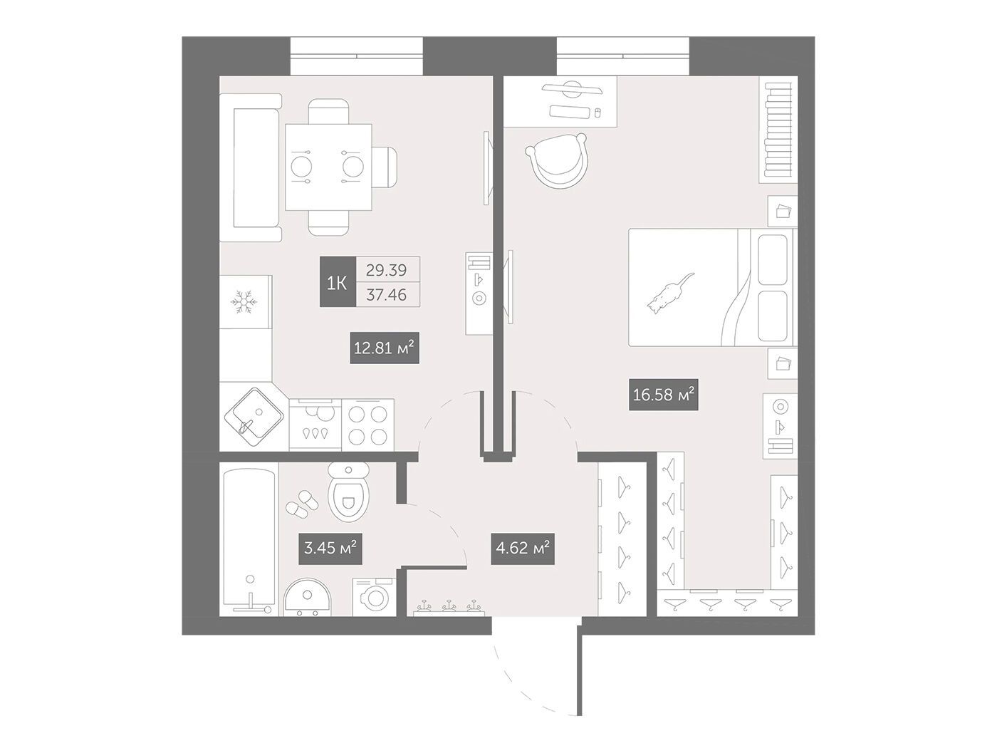 Планировка: 1-комн. квартира 38.60 м² в новостройке Зум Черная речка